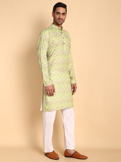 Traditional Green Flamestitch Cheveron Printed Men's Cotton Kurta