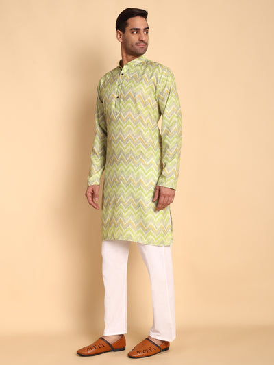 Traditional Green Flamestitch Cheveron Printed Men's Cotton Kurta