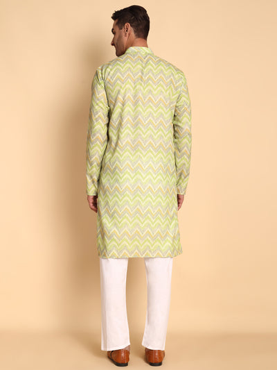 Traditional Green Flamestitch Cheveron Printed Men's Cotton Kurta