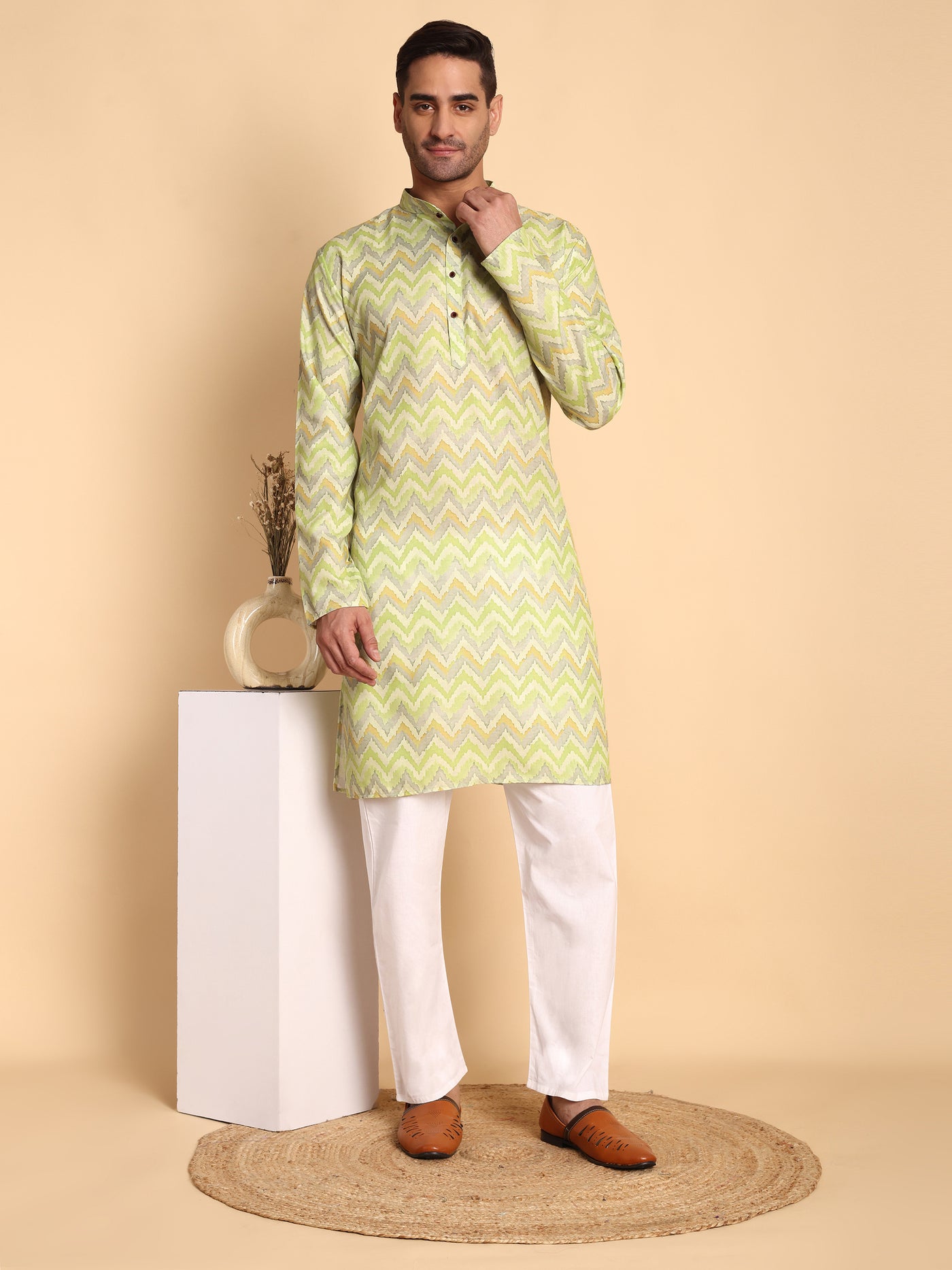 Traditional Green Flamestitch Cheveron Printed Men's Cotton Kurta