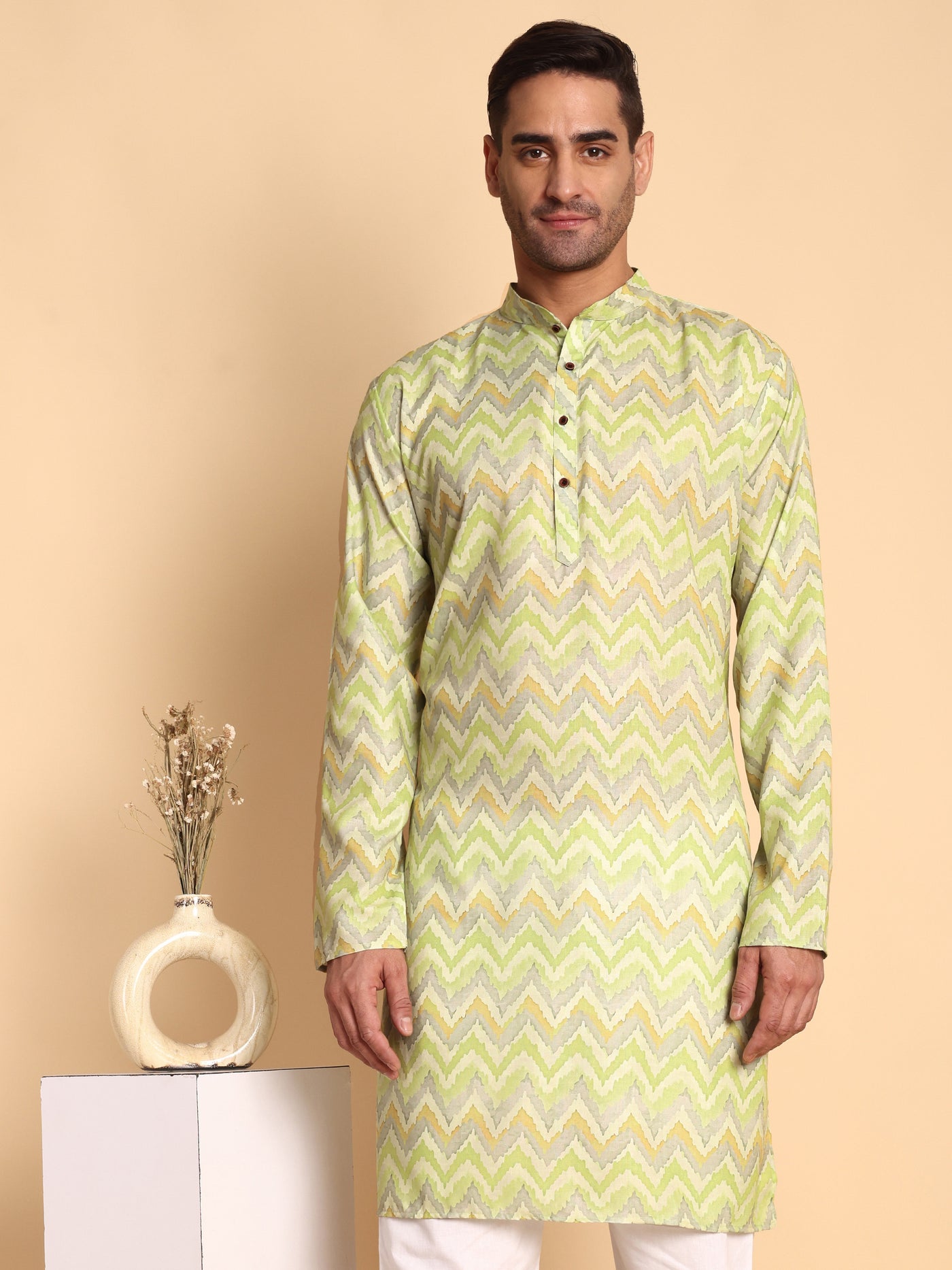 Traditional Green Flamestitch Cheveron Printed Men's Cotton Kurta