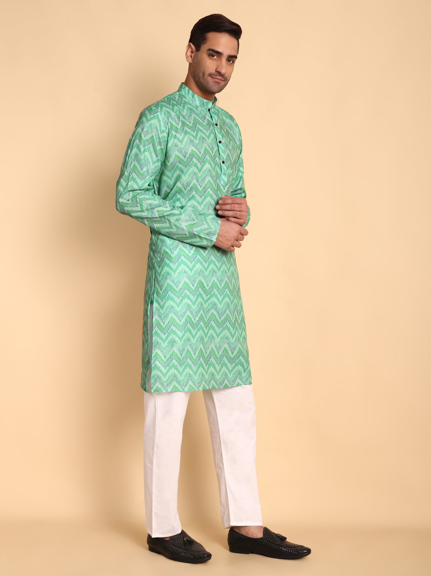 Traditional Rama Flamestitch Cheveron Printed Men's Cotton Kurta