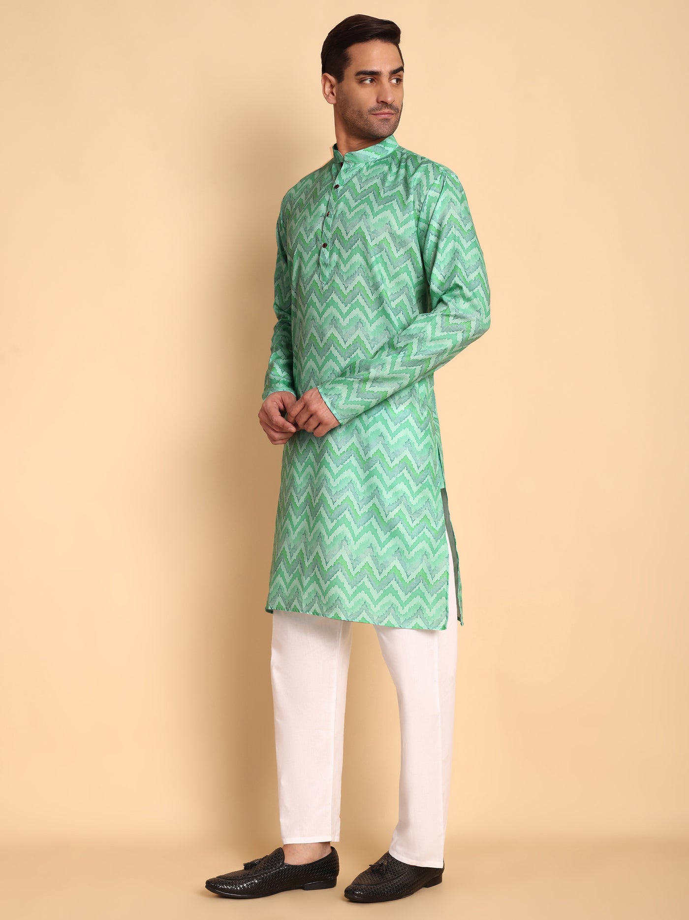 Traditional Rama Flamestitch Cheveron Printed Men's Cotton Kurta