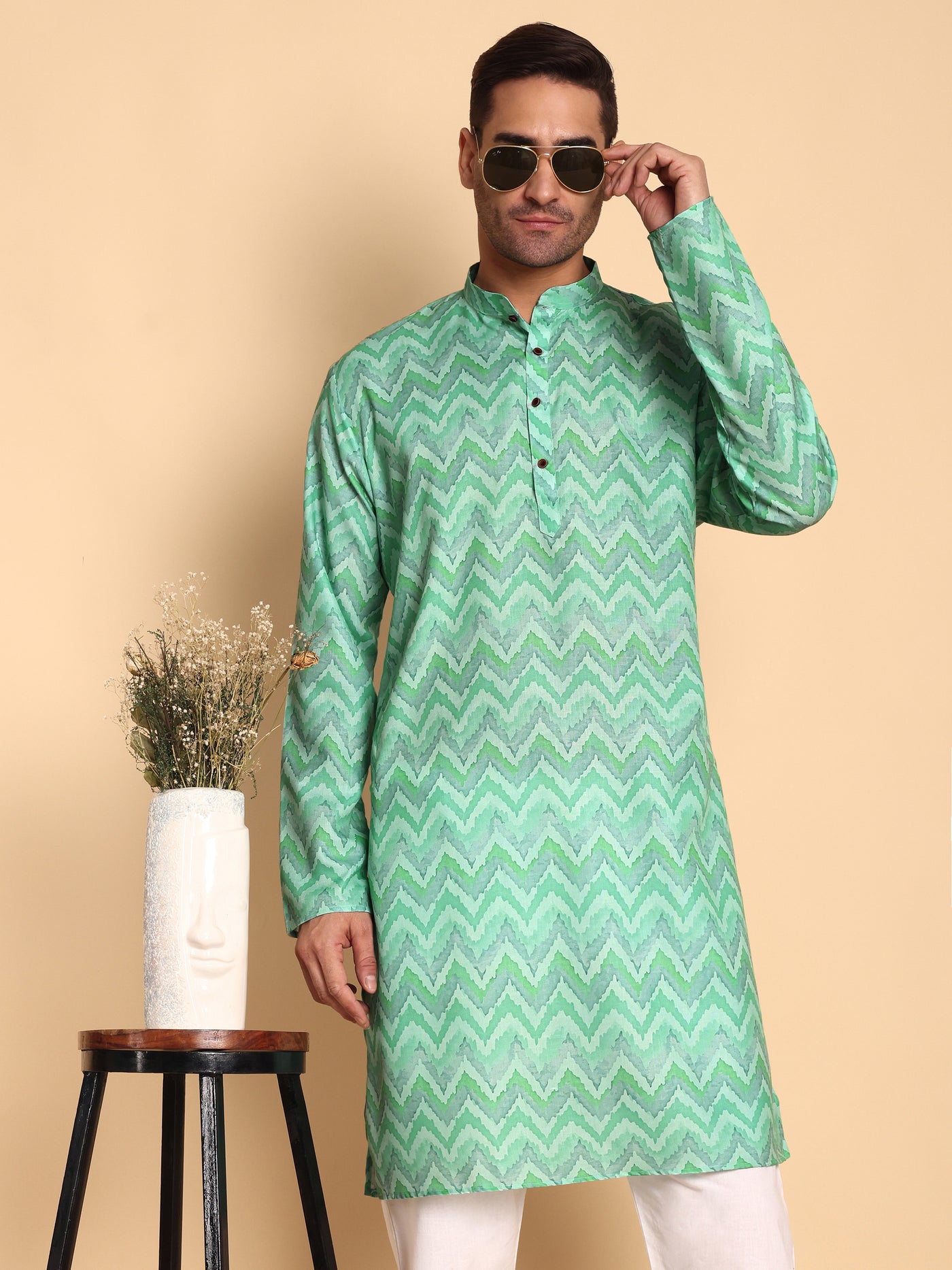 Traditional Rama Flamestitch Cheveron Printed Men's Cotton Kurta