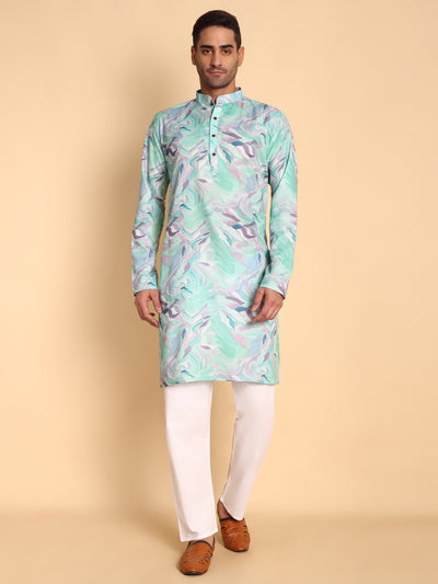 Traditional Blue Impressionist Printed Men's Cotton Kurta