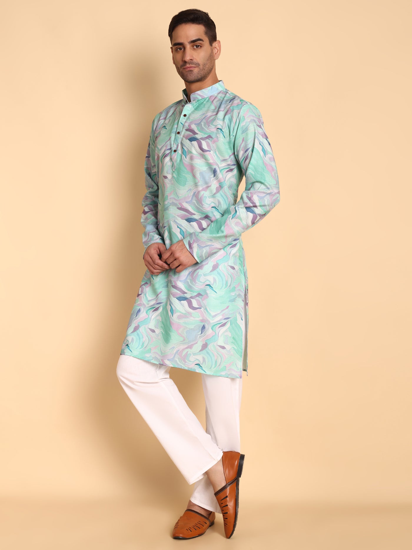 Traditional Blue Impressionist Printed Men's Cotton Kurta