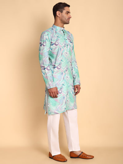 Traditional Blue Impressionist Printed Men's Cotton Kurta