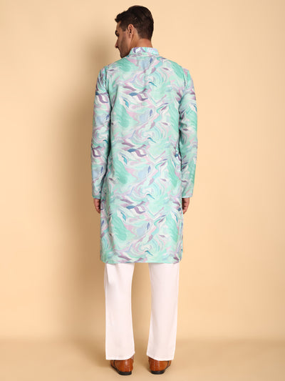 Traditional Blue Impressionist Printed Men's Cotton Kurta