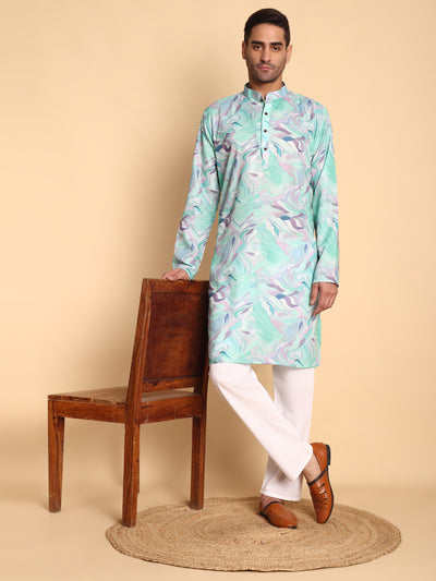 Traditional Blue Impressionist Printed Men's Cotton Kurta