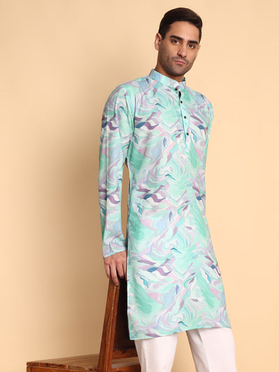 Traditional Blue Impressionist Printed Men's Cotton Kurta