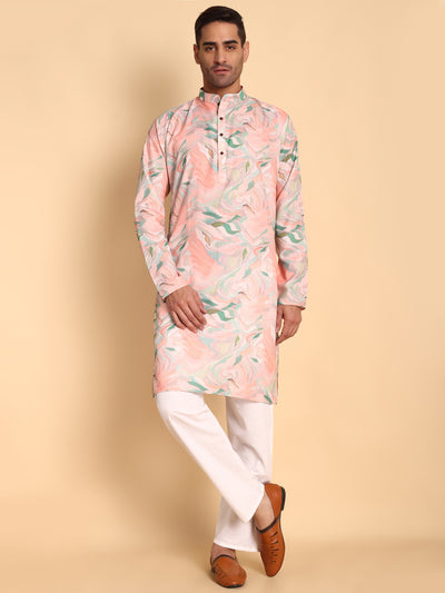 Traditional Pink Impressionist Printed Men's Cotton Kurta