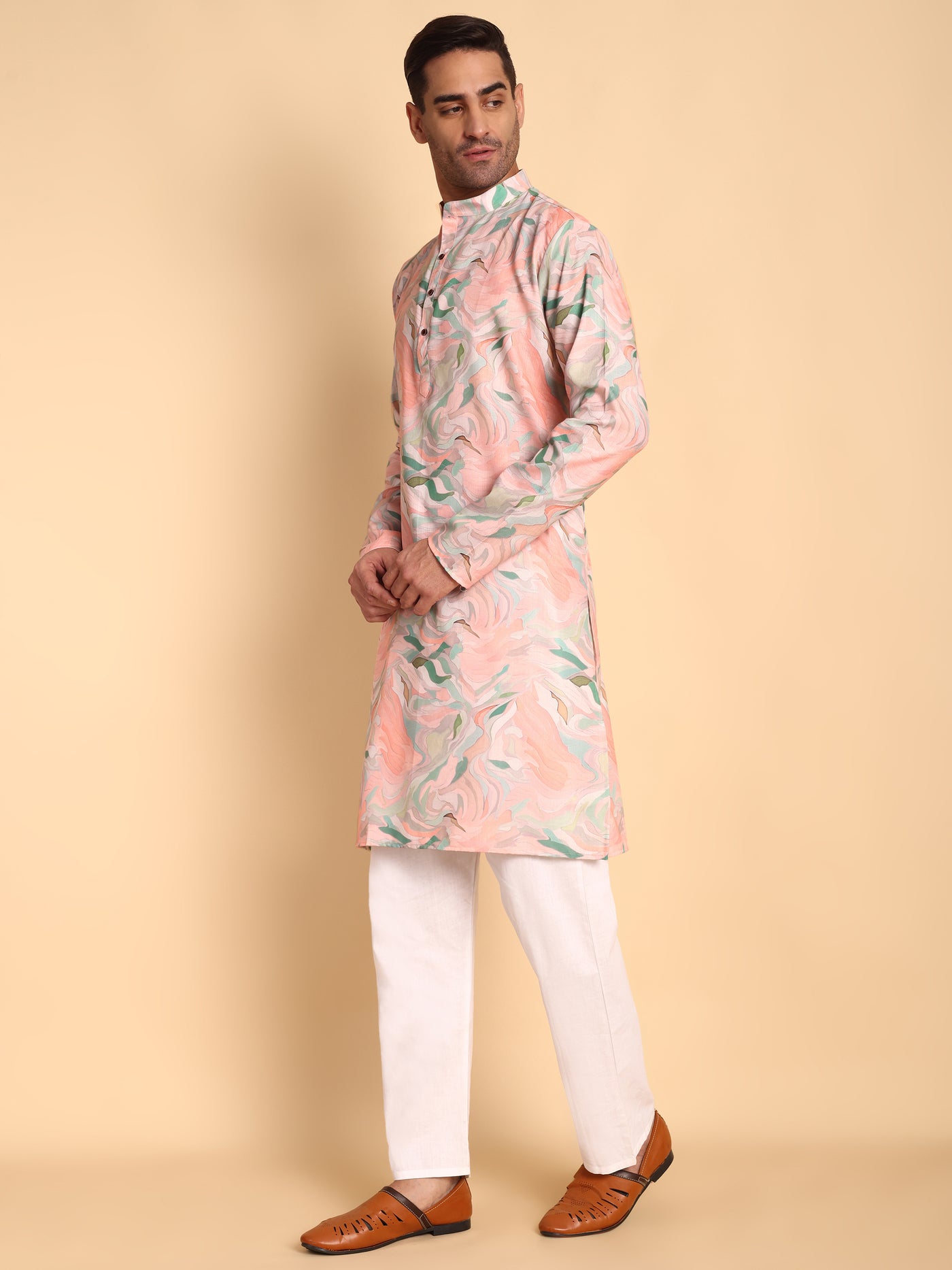 Traditional Pink Impressionist Printed Men's Cotton Kurta