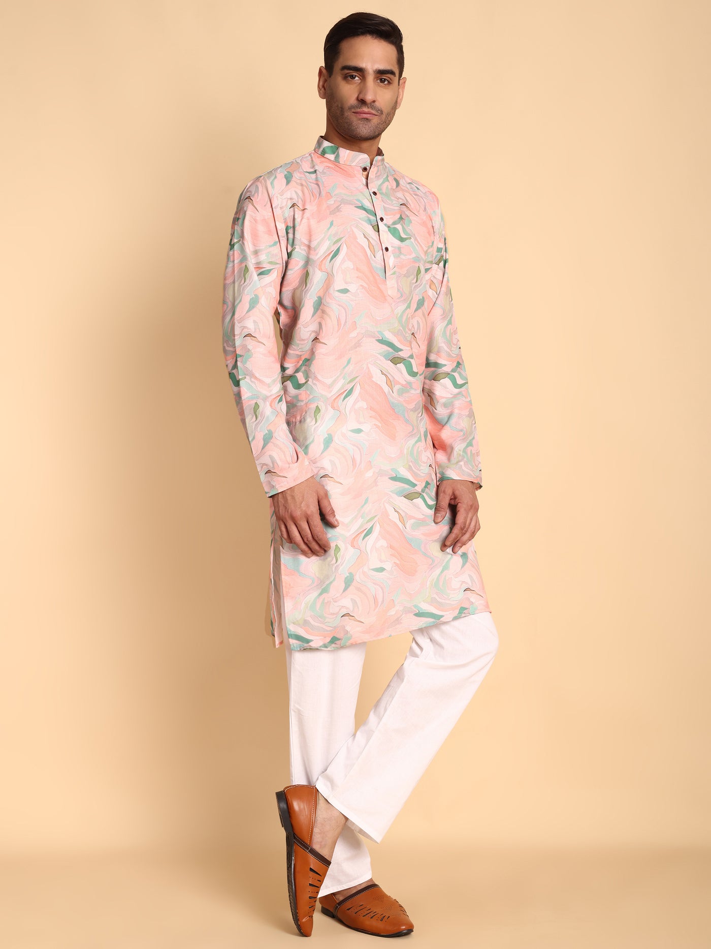 Traditional Pink Impressionist Printed Men's Cotton Kurta