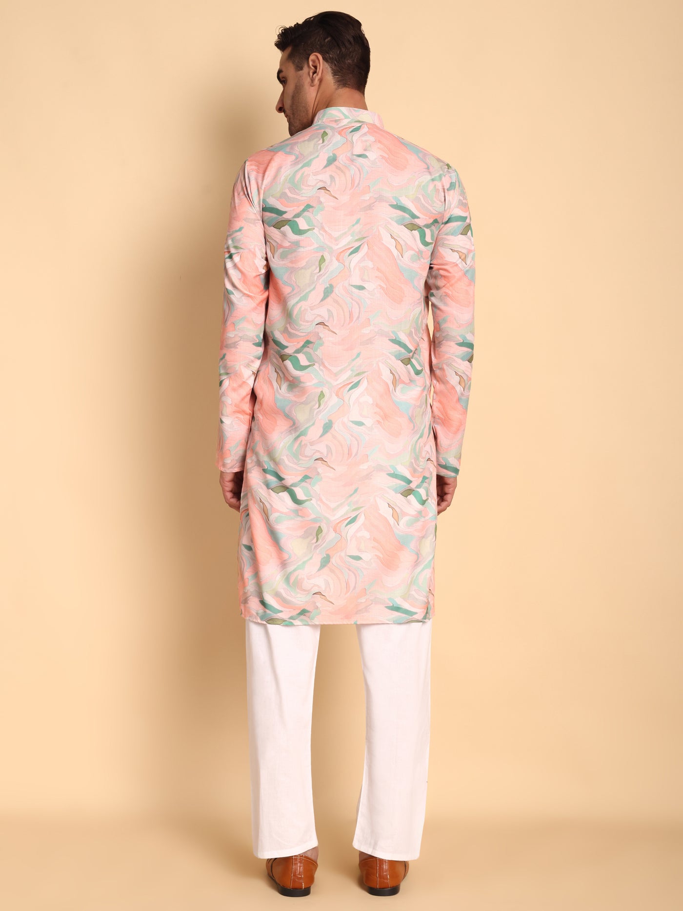 Traditional Pink Impressionist Printed Men's Cotton Kurta