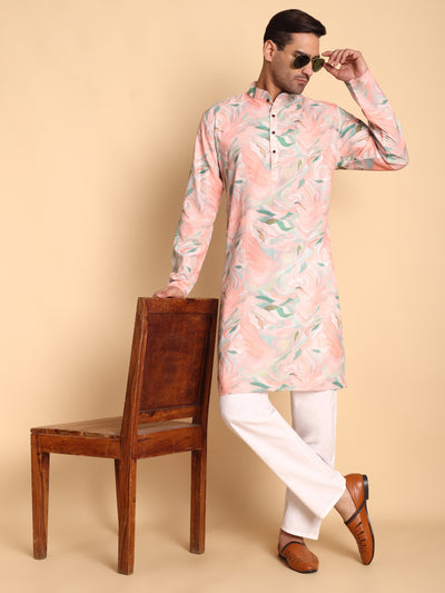 Traditional Pink Impressionist Printed Men's Cotton Kurta