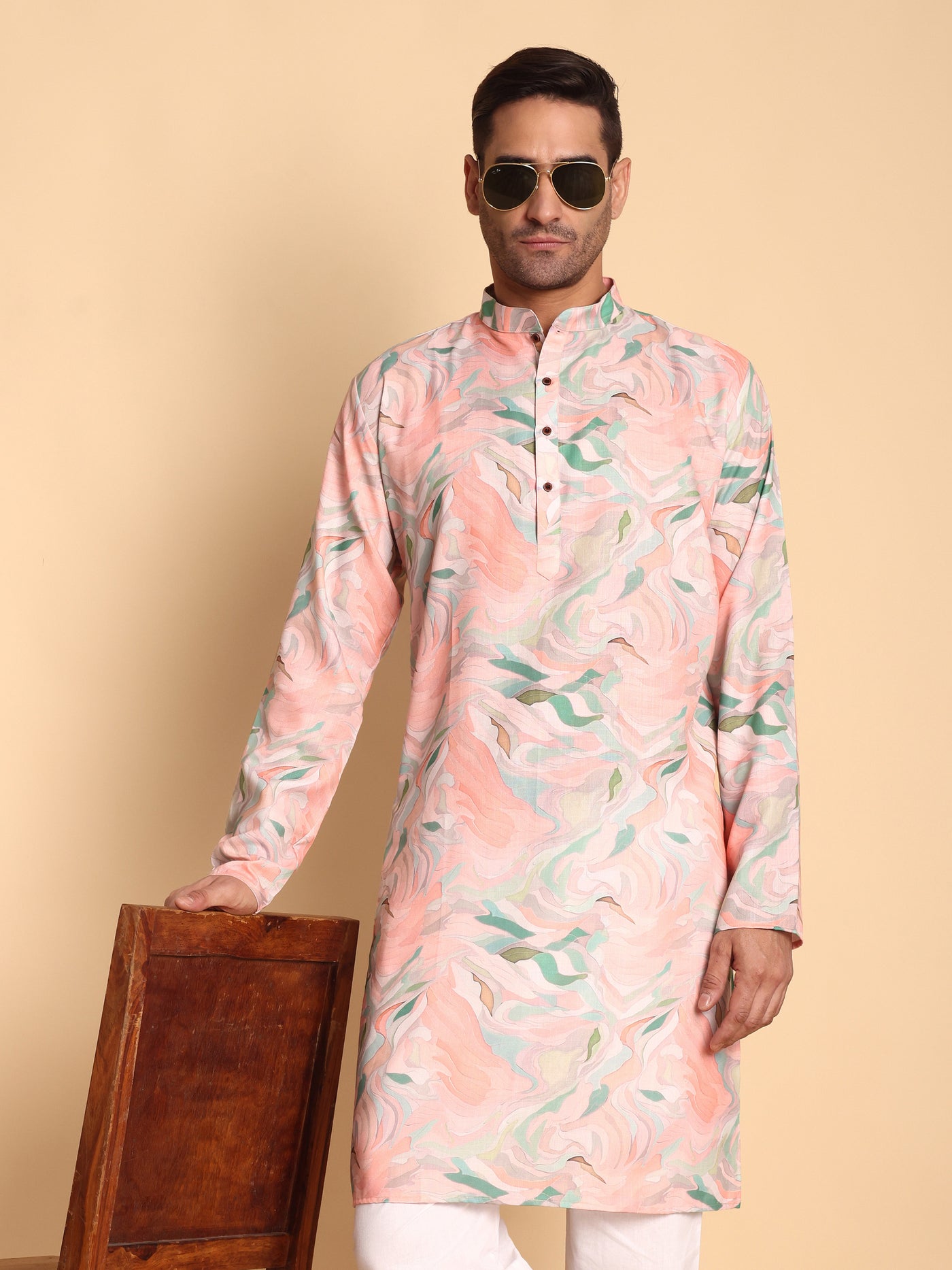 Traditional Pink Impressionist Printed Men's Cotton Kurta