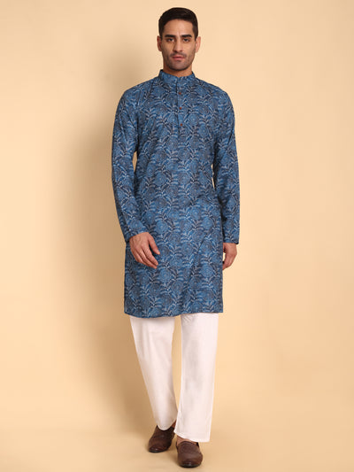 Traditional Blue Lily Pad Printed Men's Cotton Kurta