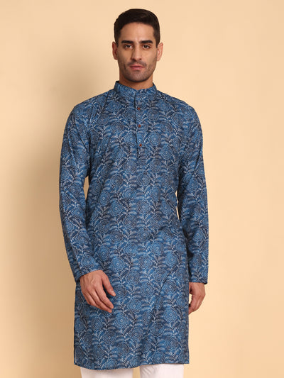 Traditional Blue Lily Pad Printed Men's Cotton Kurta