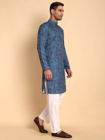 Traditional Blue Lily Pad Printed Men's Cotton Kurta