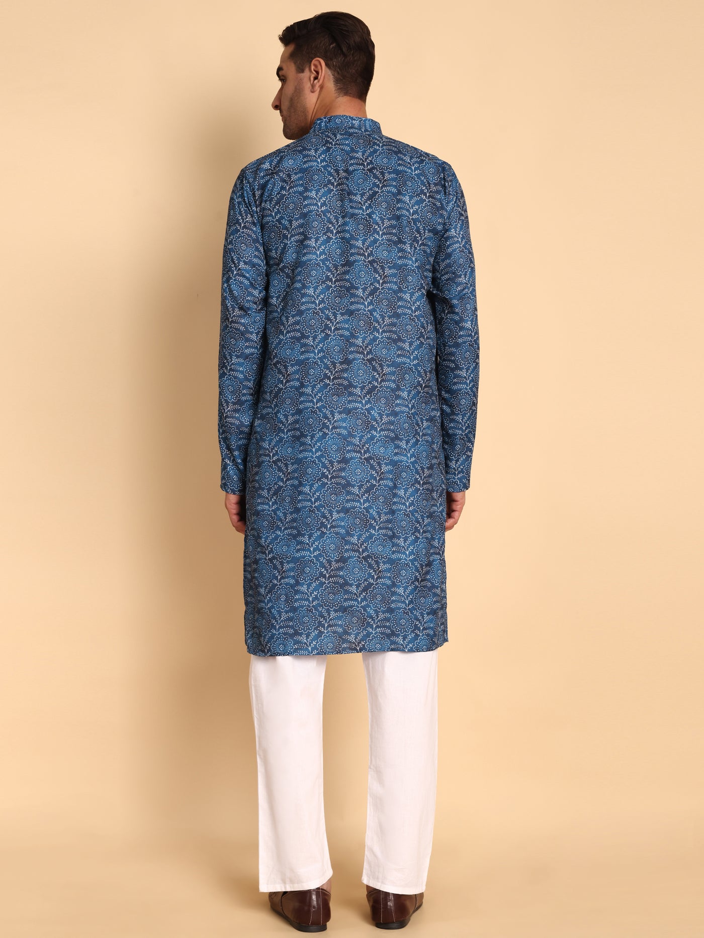 Traditional Blue Lily Pad Printed Men's Cotton Kurta