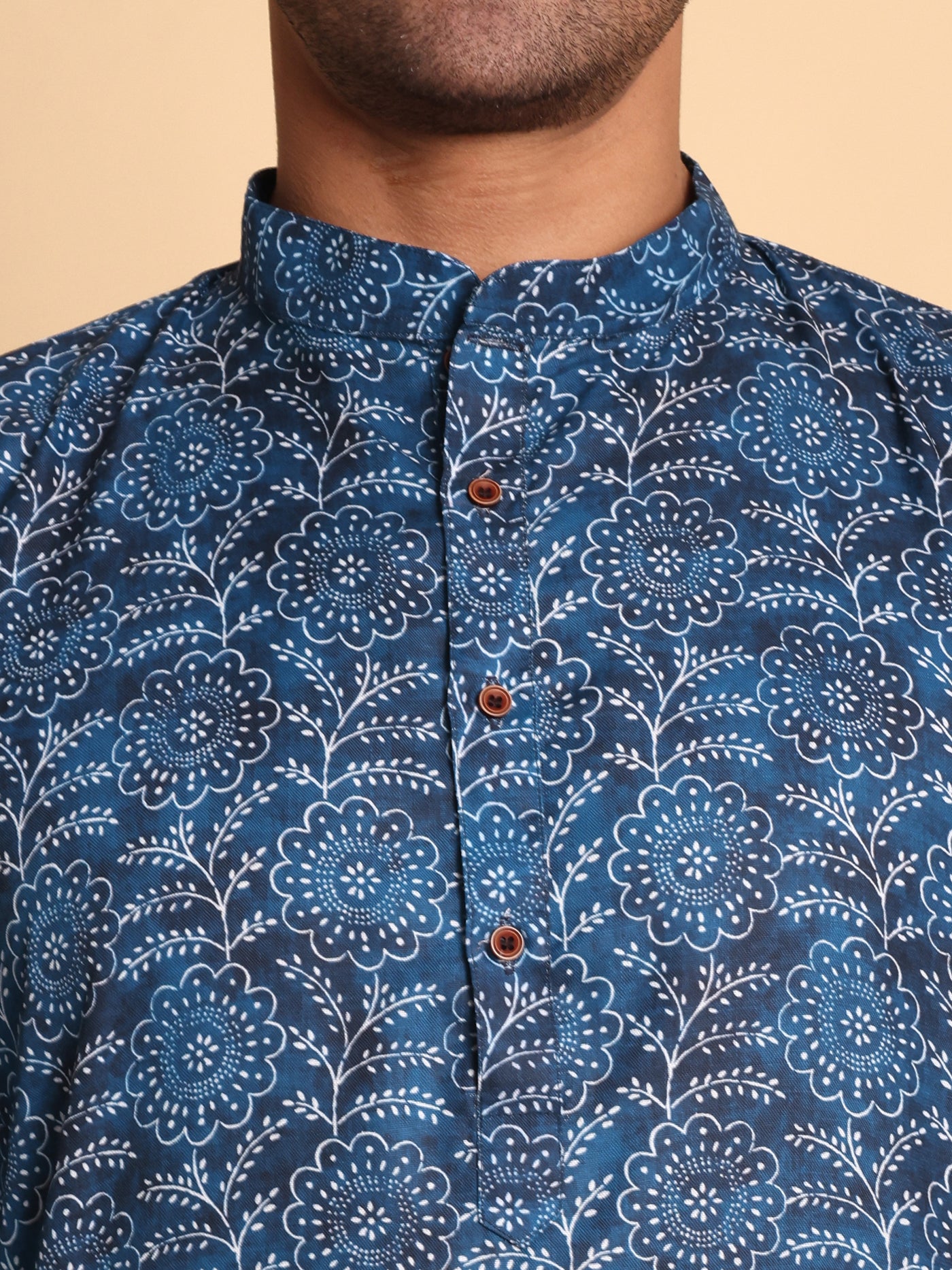 Traditional Blue Lily Pad Printed Men's Cotton Kurta