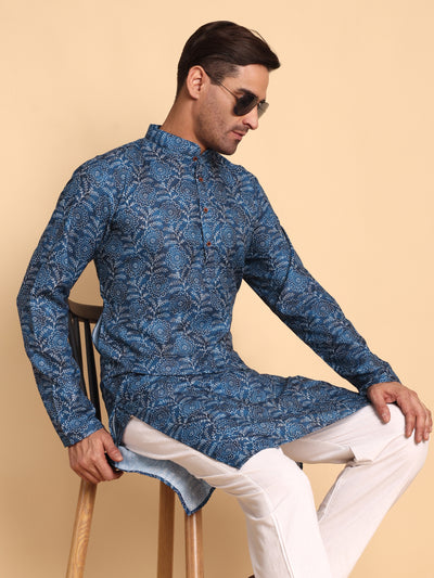 Traditional Blue Lily Pad Printed Men's Cotton Kurta