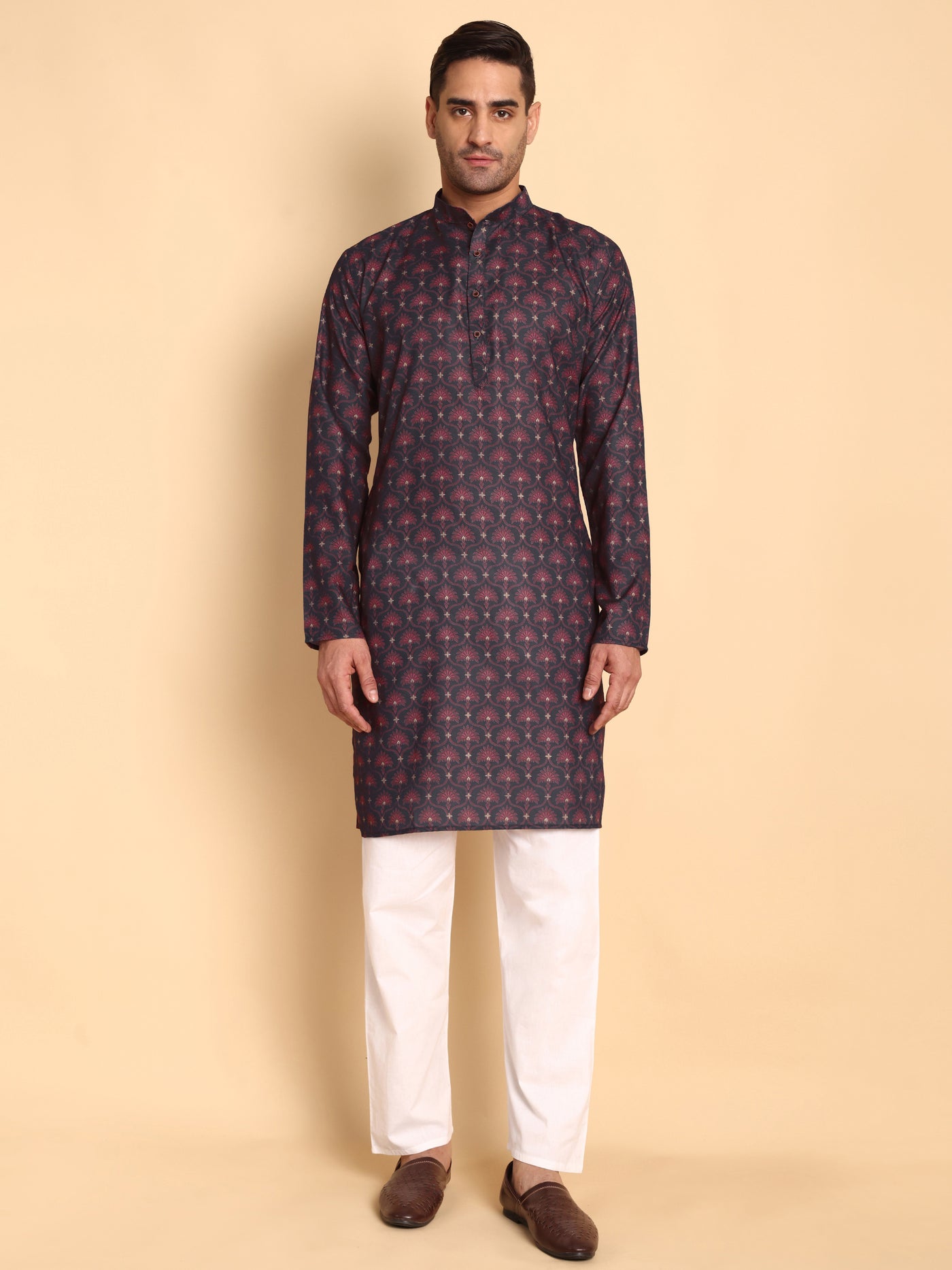 Traditional Black Anthemion Ogee Printed Men's Cotton Kurta