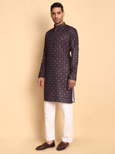 Traditional Black Anthemion Ogee Printed Men's Cotton Kurta