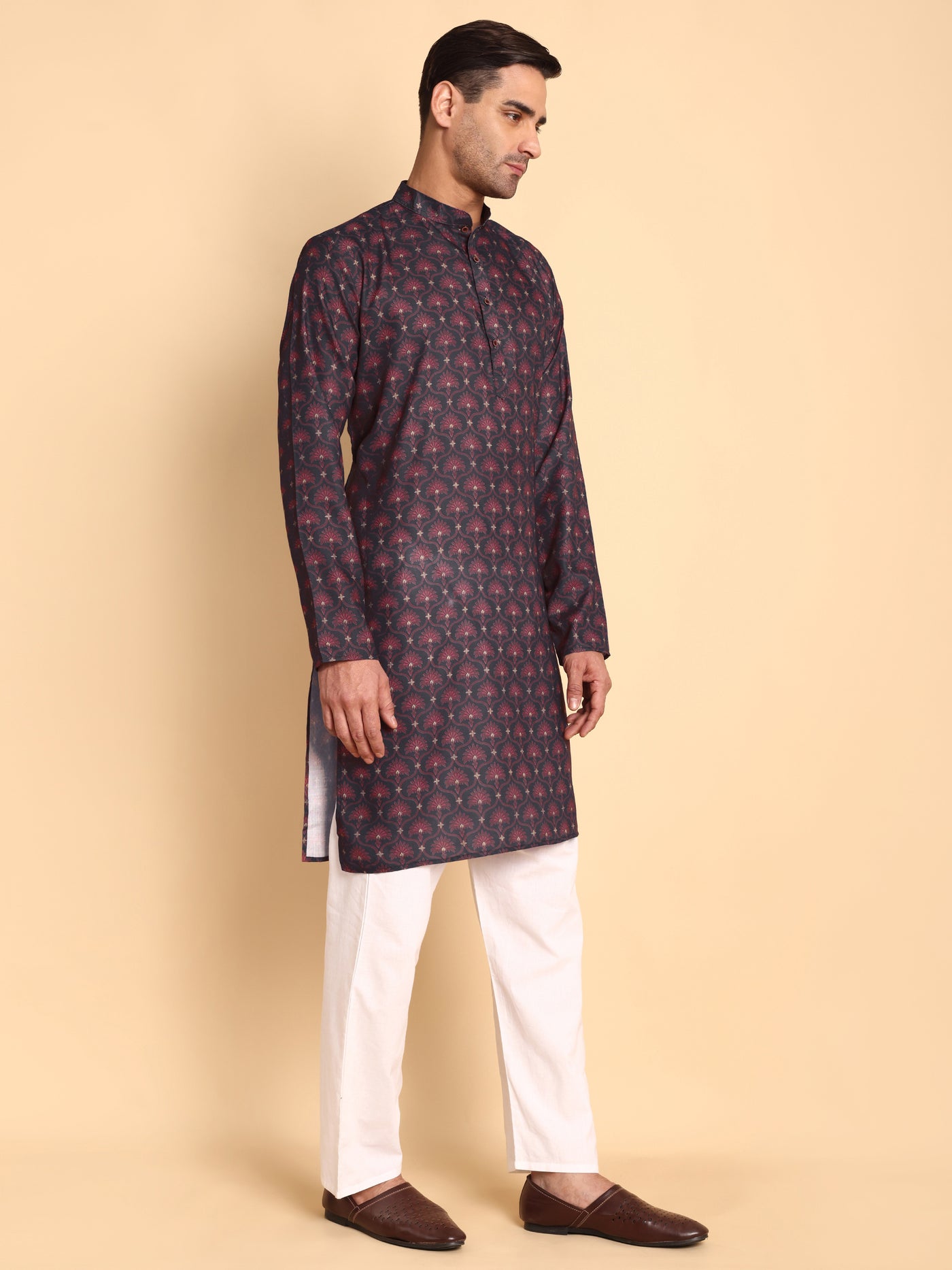 Traditional Black Anthemion Ogee Printed Men's Cotton Kurta