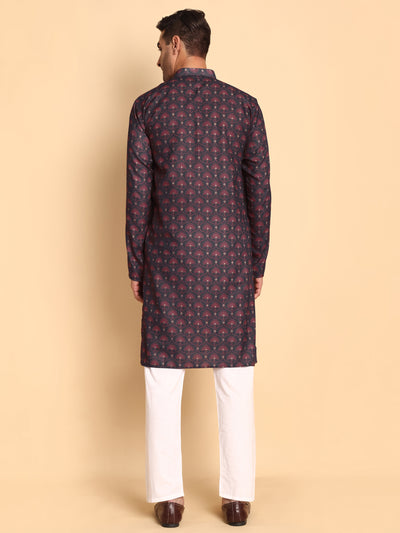 Traditional Black Anthemion Ogee Printed Men's Cotton Kurta