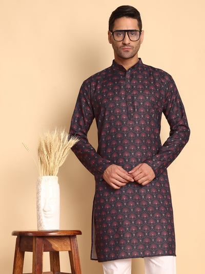 Traditional Black Anthemion Ogee Printed Men's Cotton Kurta