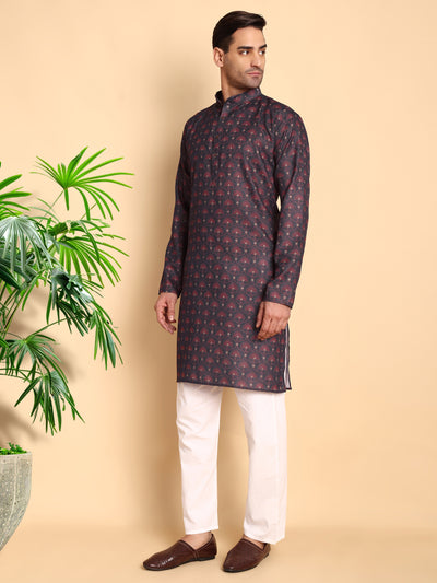 Traditional Black Anthemion Ogee Printed Men's Cotton Kurta