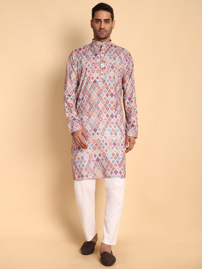 Traditional Grey Ikat Kilim Printed Men's Cotton Kurta