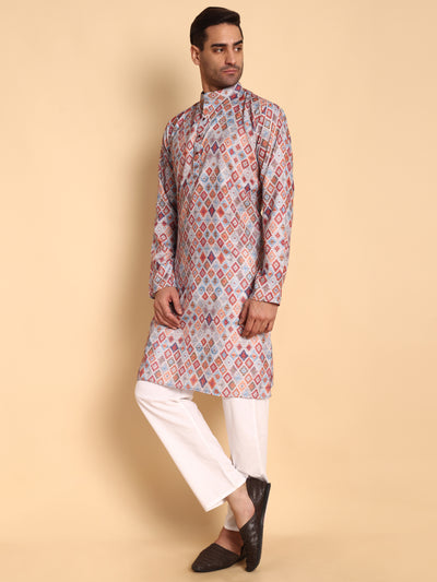 Traditional Grey Ikat Kilim Printed Men's Cotton Kurta