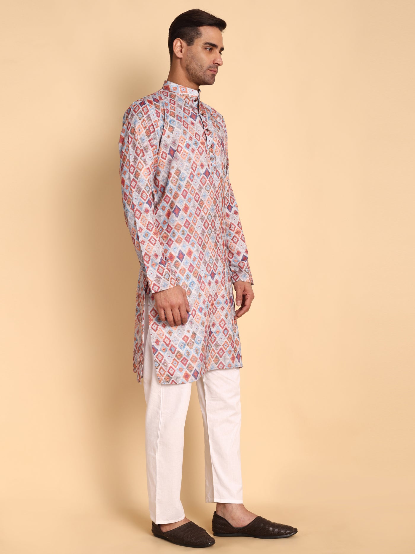 Traditional Grey Ikat Kilim Printed Men's Cotton Kurta