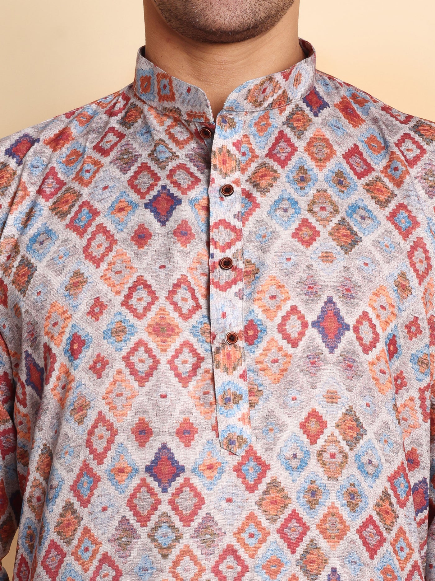 Traditional Grey Ikat Kilim Printed Men's Cotton Kurta