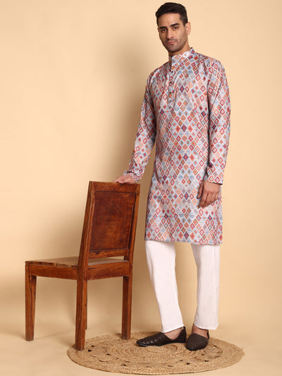 Traditional Grey Ikat Kilim Printed Men's Cotton Kurta