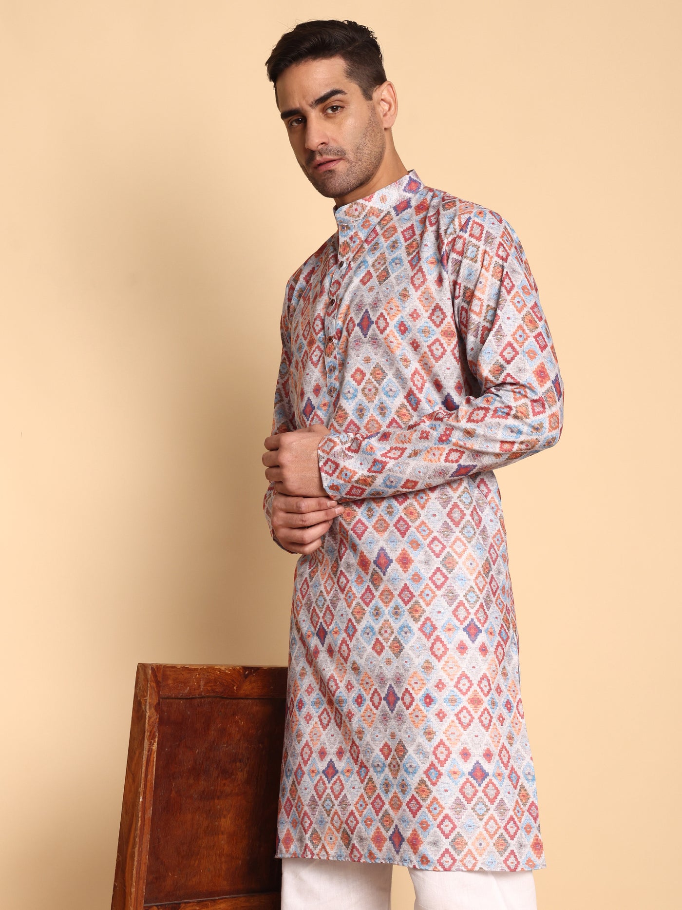 Traditional Grey Ikat Kilim Printed Men's Cotton Kurta