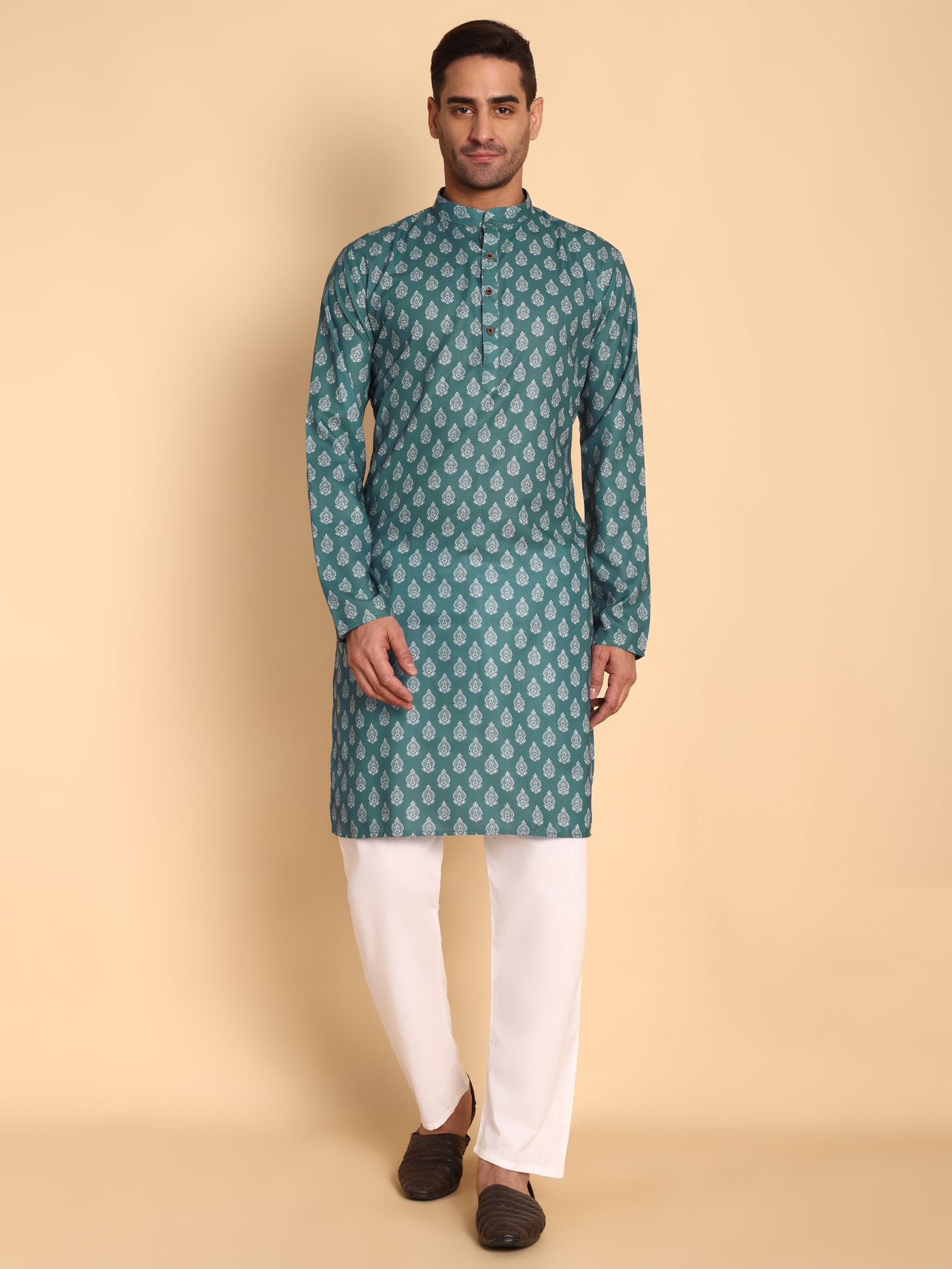 Traditional Teal Retro Fleur De Lis Printed Men's Cotton Kurta