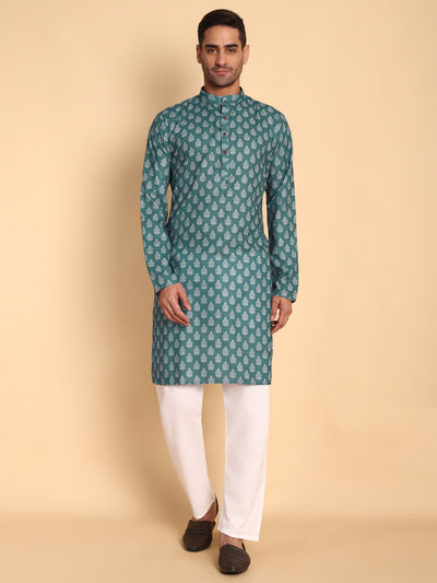 Traditional Teal Retro Fleur De Lis Printed Men's Cotton Kurta