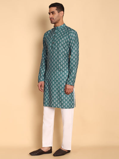 Traditional Teal Retro Fleur De Lis Printed Men's Cotton Kurta