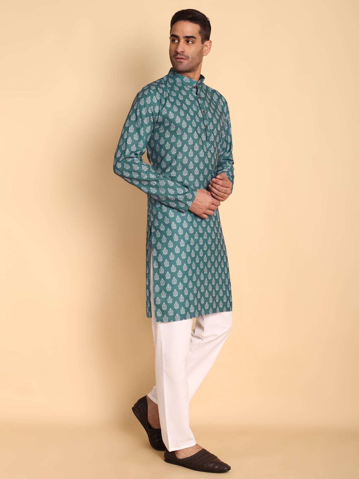 Traditional Teal Retro Fleur De Lis Printed Men's Cotton Kurta