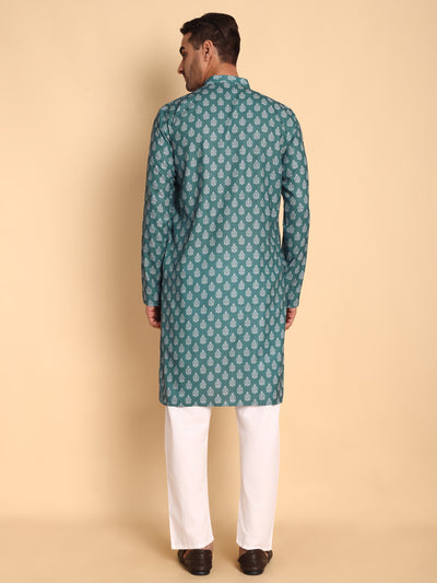 Traditional Teal Retro Fleur De Lis Printed Men's Cotton Kurta