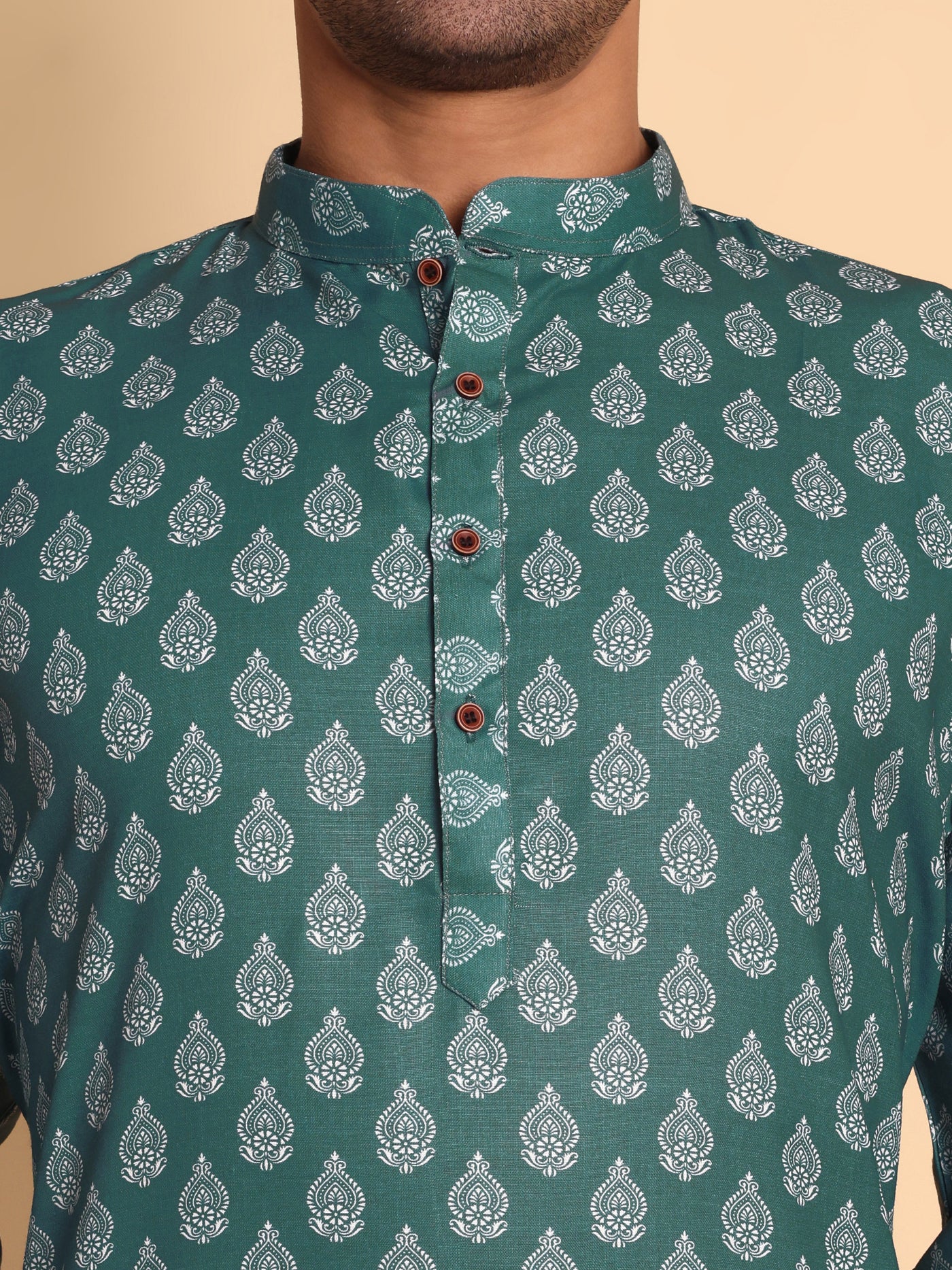 Traditional Teal Retro Fleur De Lis Printed Men's Cotton Kurta