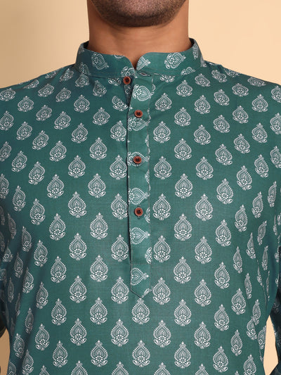 Traditional Teal Retro Fleur De Lis Printed Men's Cotton Kurta