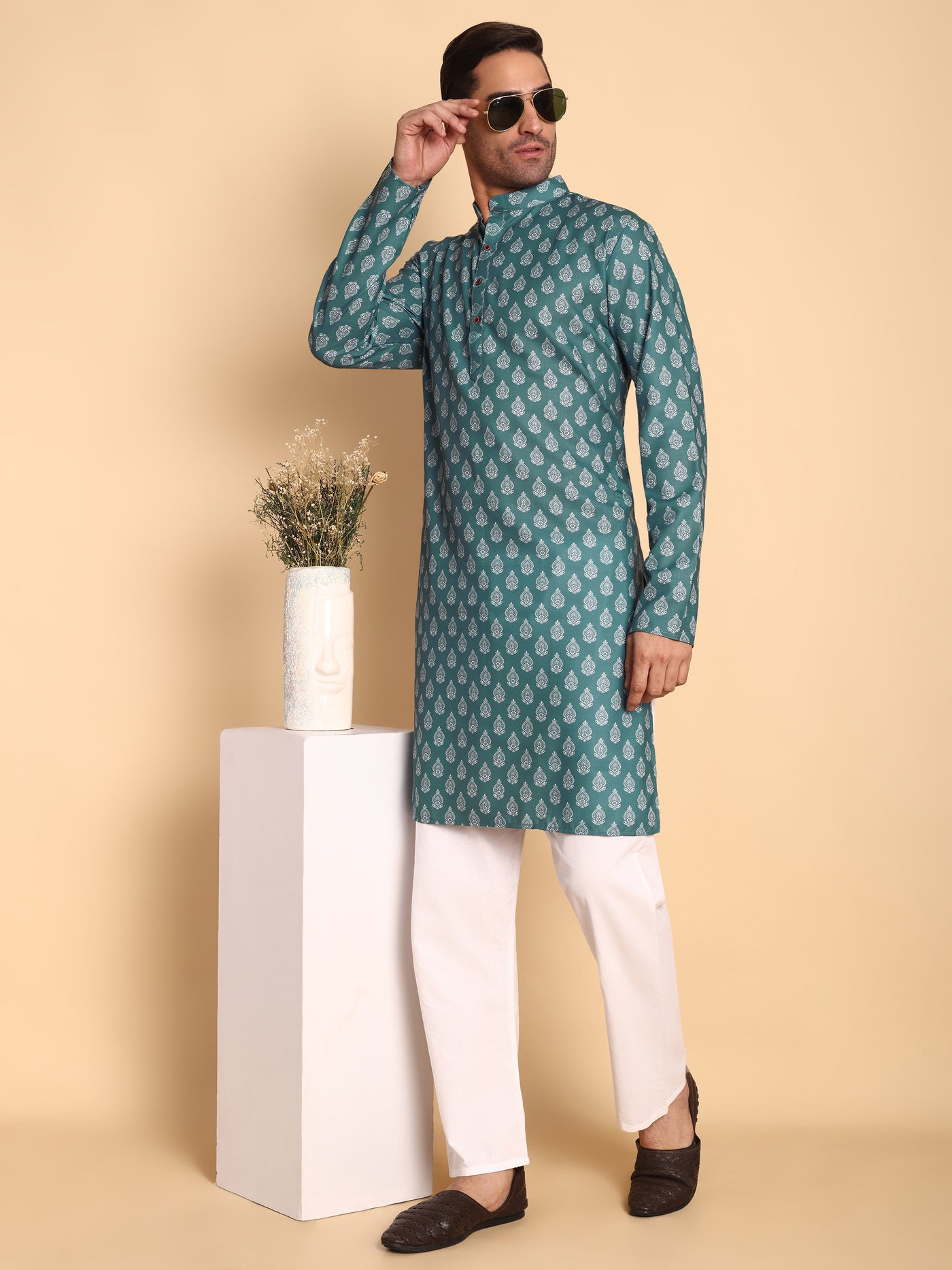 Traditional Teal Retro Fleur De Lis Printed Men's Cotton Kurta