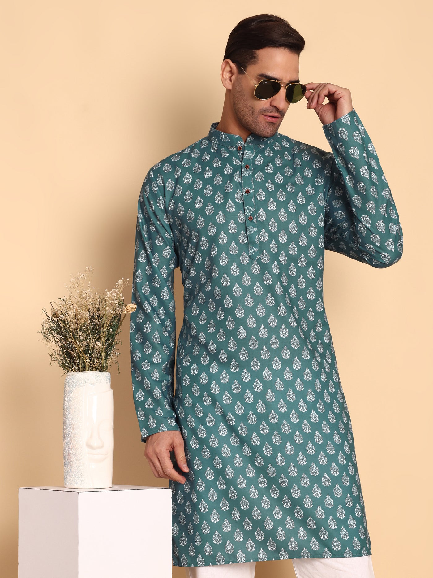 Traditional Teal Retro Fleur De Lis Printed Men's Cotton Kurta