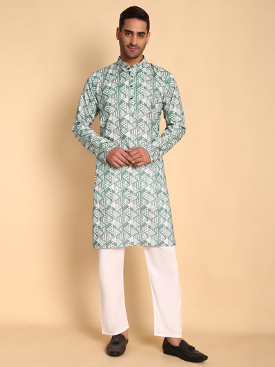 Traditional Green Tribal Abstract Boho Printed Men's Cotton Kurta