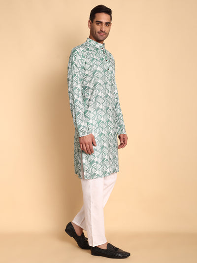 Traditional Green Tribal Abstract Boho Printed Men's Cotton Kurta