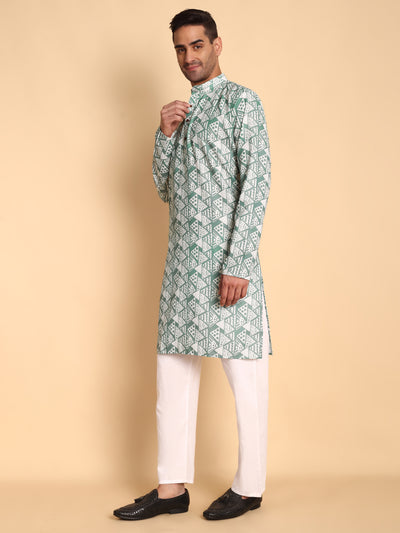 Traditional Green Tribal Abstract Boho Printed Men's Cotton Kurta